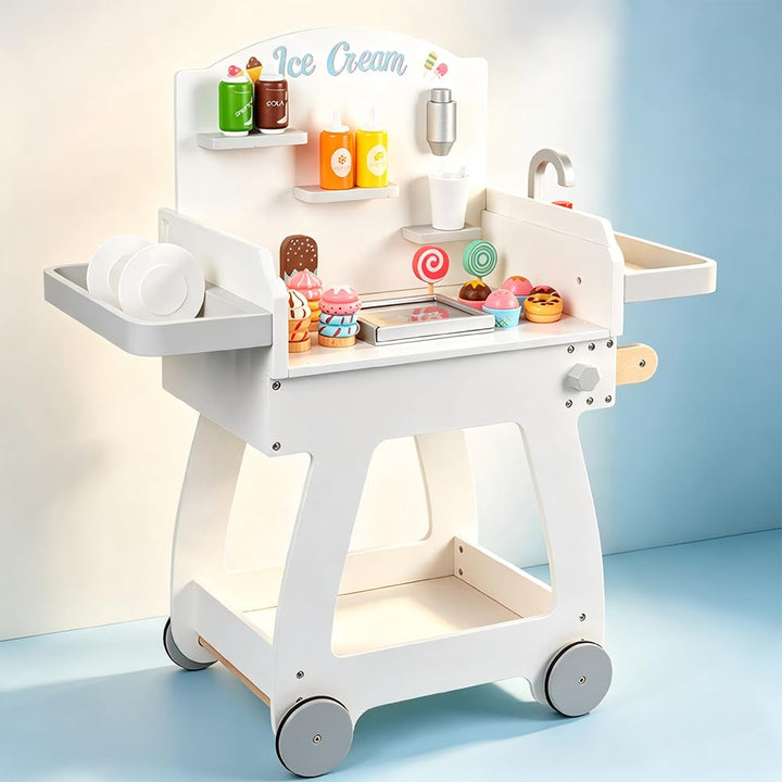 Eisdiele Kinder Holz Eisladen Spielzeug ab 3 Jahre Eiswagen kaufmannsladen mit 8 Eiscreme, 4 EIS am