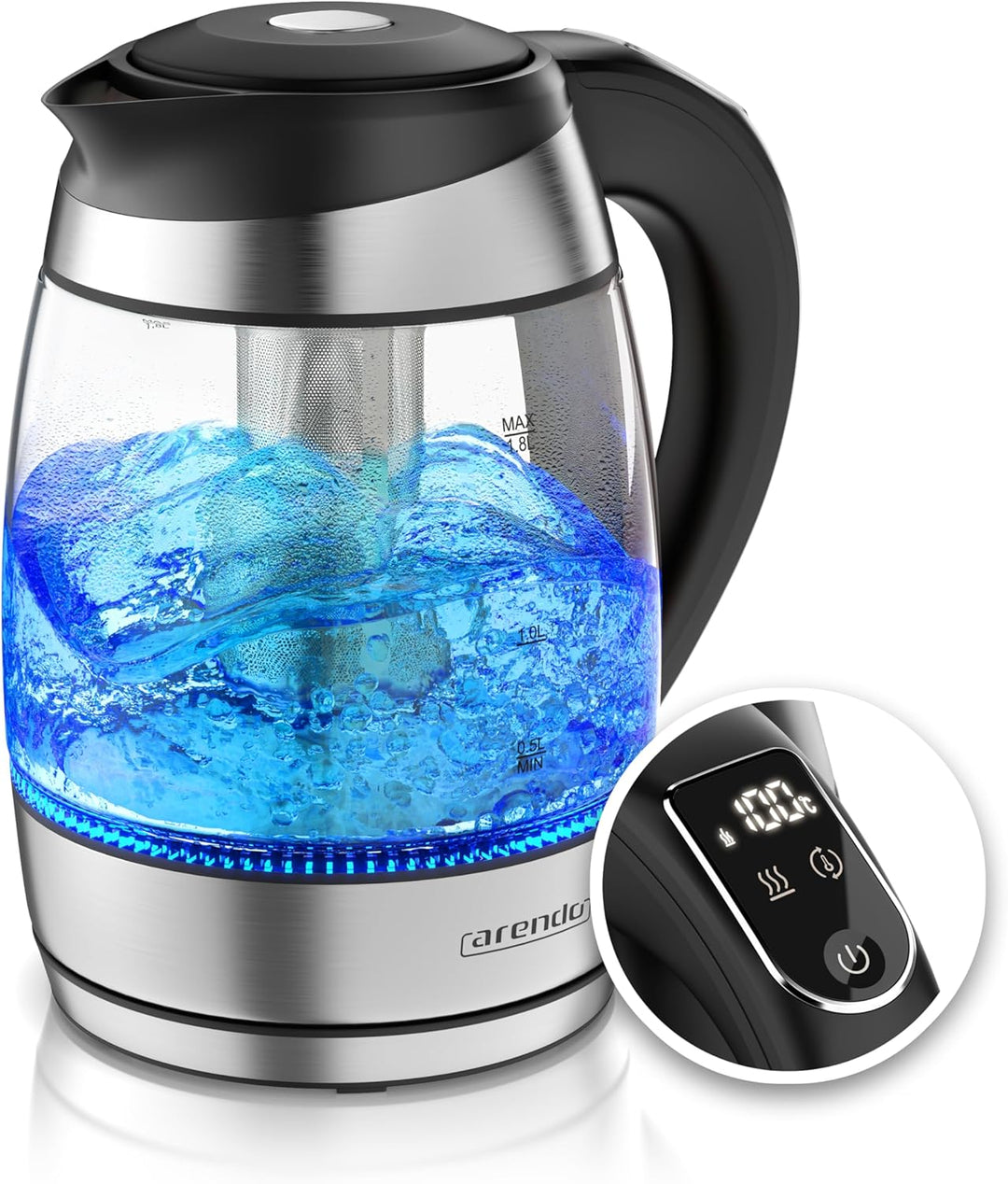 Arendo - Glas Wasserkocher mit Temperatureinstellung - mit Teesieb - Kabellos - 2200 W - 1,8L – Über