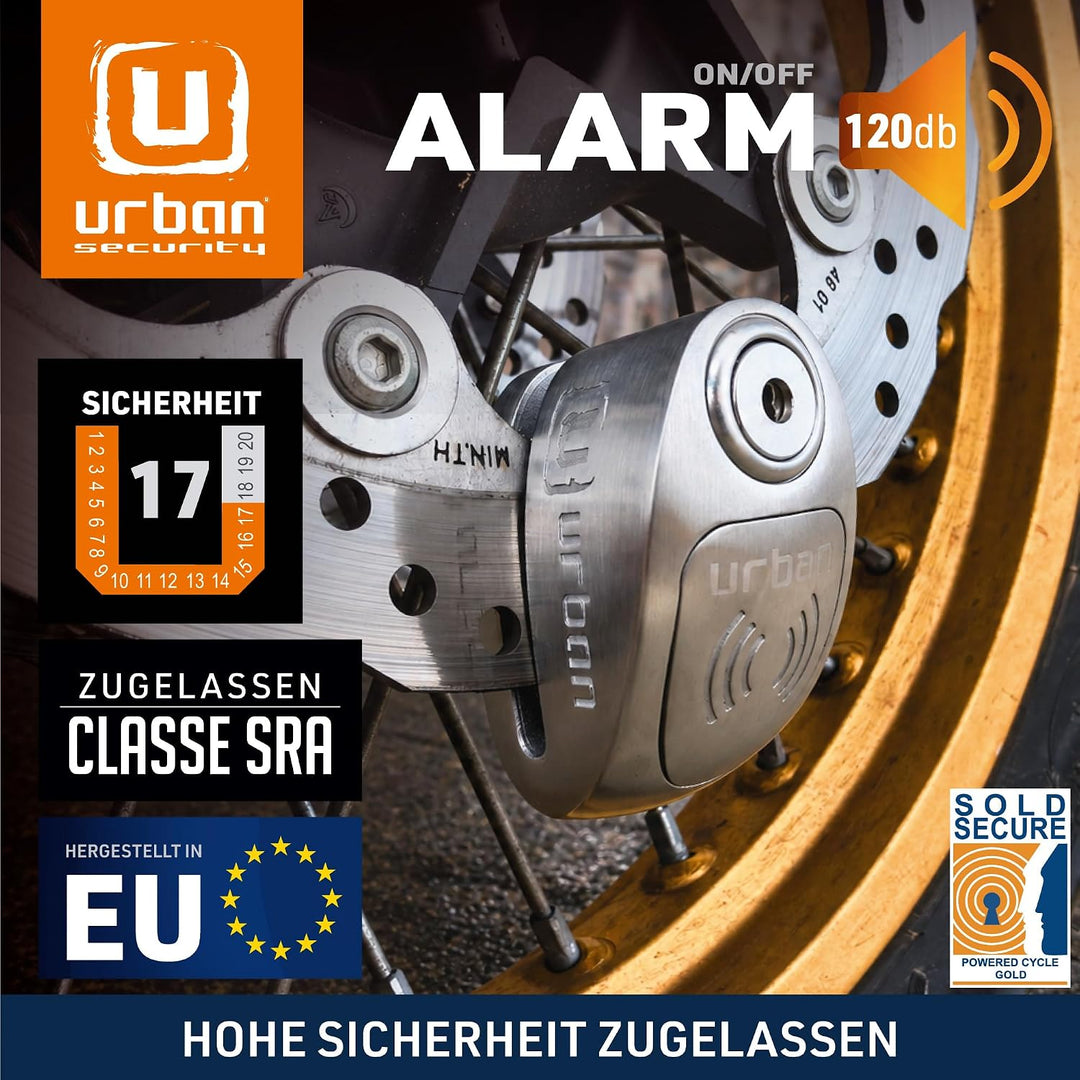 URBAN UR910S Motorrad Bremsscheibenschloss mit Alarm 120 dB + Erinnerungskabel 140cm, Doppelverriege
