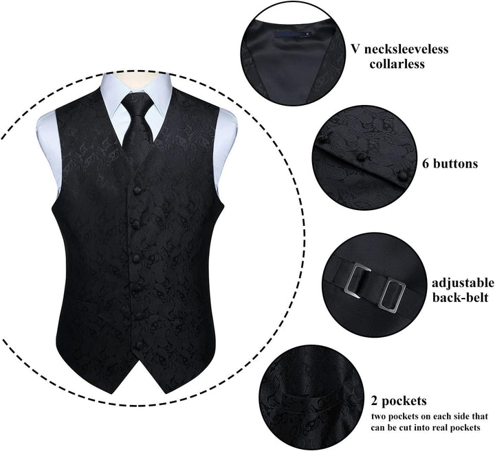 HISDERN Herren FLoral Hochzeit Weste Krawatte Einstecktuch Taschentuch Jacquard Weste Anzug Set S Sc