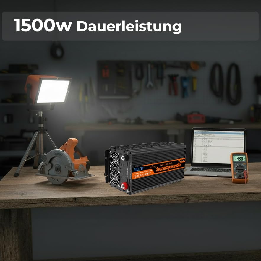 EDECOA Wechselrichter 1500W Reiner Sinus – 12V auf 230V mit ECO-Modus, Bluetooth & App für Auto, Woh
