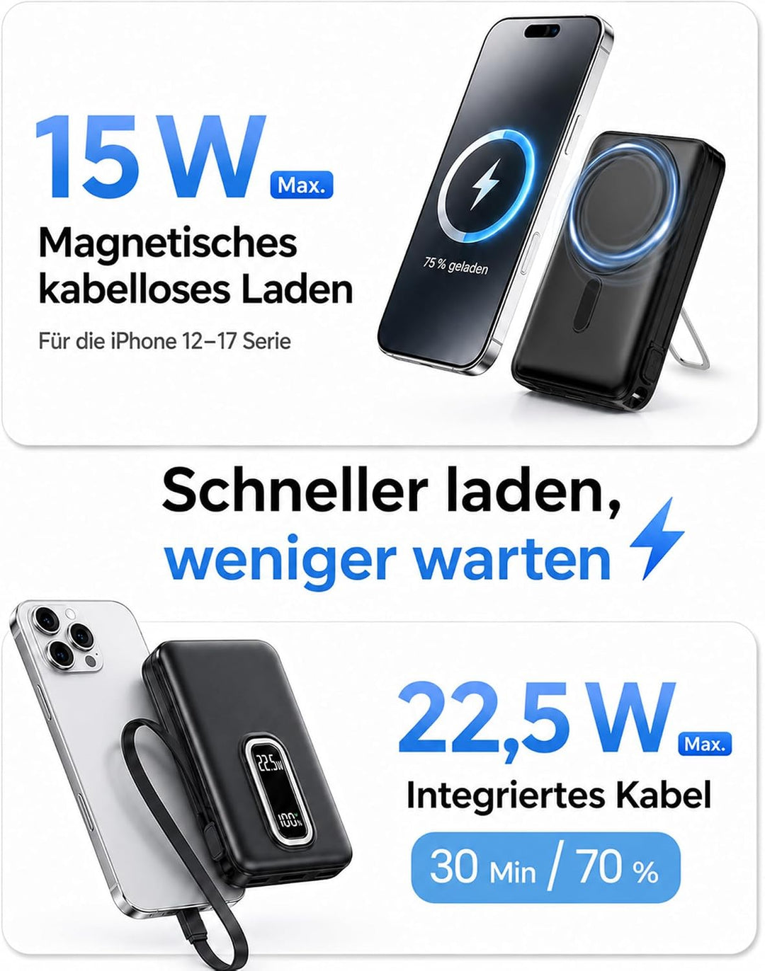 Magnetische Powerbank 10000mAh mit Ständer &amp; 22.5W Kabel für iPhone Blau Blau 10000.0 Milliamperestu