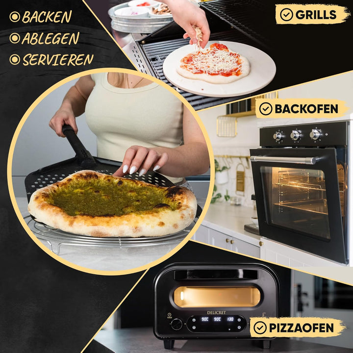 DELICRET „Black Line“ Pizzaschieber 12"/Ø30 – 30×30×72 cm inkl. Ø 32 cm Abkühlgitter für extra knusp