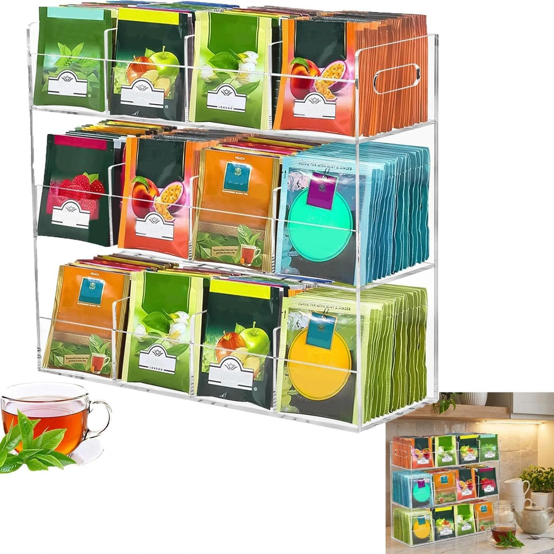 Teebeutel Organizer aus Transparentem Acryl, 12-Fach Teebox für 200+ Teebeutel, Stapelbare Tee Aufbe