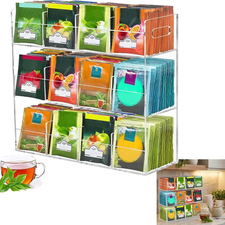 Teebeutel Organizer aus Transparentem Acryl, 12-Fach Teebox für 200+ Teebeutel, Stapelbare Tee Aufbe