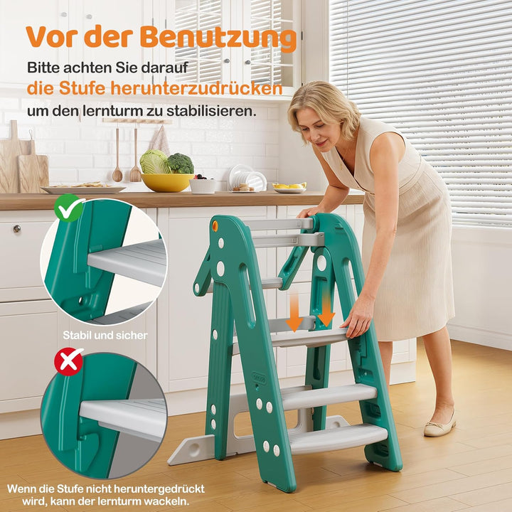 Onasti Lernturm für Kinder mit Sicherheitsgeländer, Lernturm Klappbar, Höhenverstellbar, Learning To