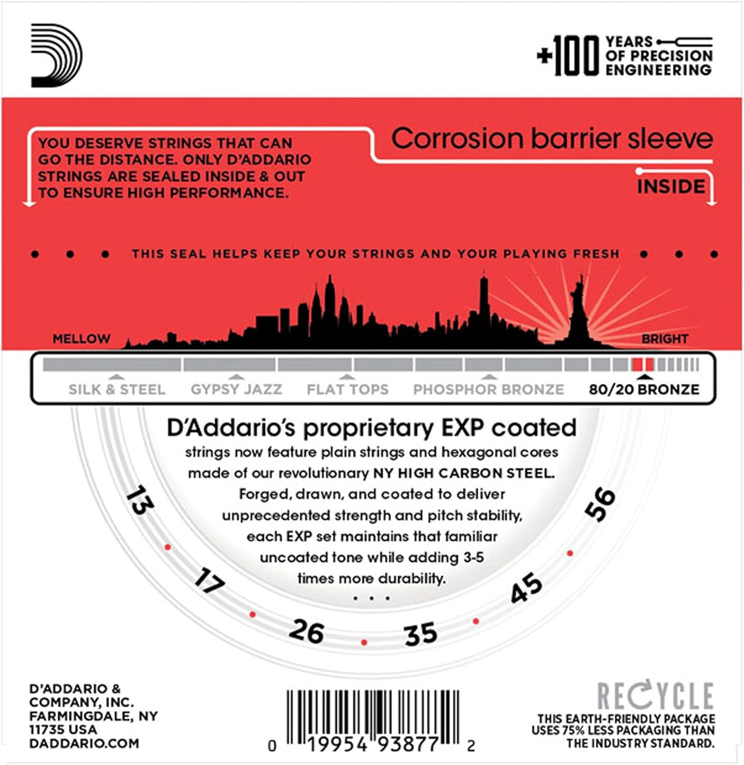 D'Addario EXP12 Akustikgitarre-Saiten Bronze-Saitensatz Medium 013' - 056' Medium, 13-56 1-Pack, Med