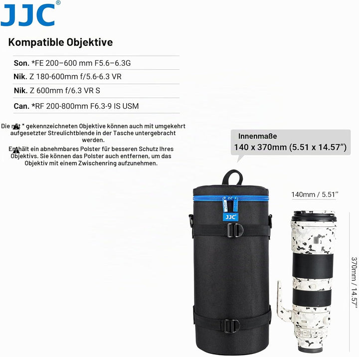 JJC Deluxe Objektivtasche für Sony FE 200-600mm F5.6-6.3G OSS, Z 600mm F6.3 VR S, Z 180-600mm F5.6-6