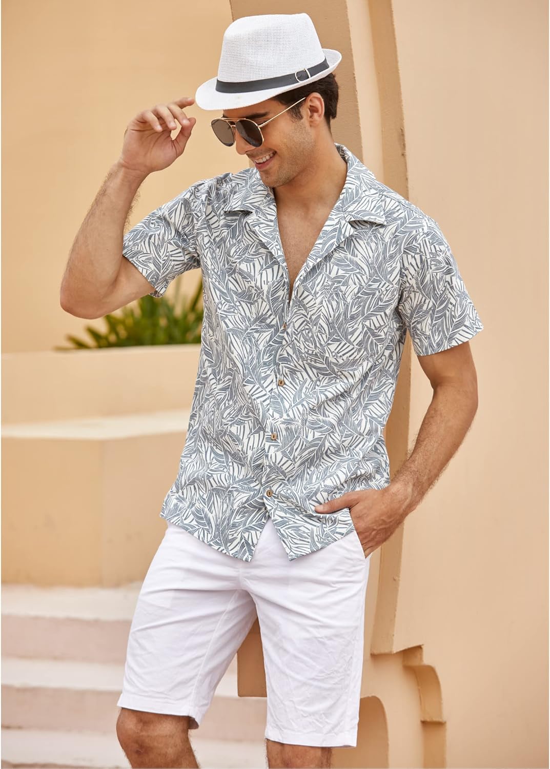 COOFANDY Leinenhemd Herren Hemd Sommer Kurzarm Herrenhemd Freizeit Sommer Hemden Einfarbig Basic Bea