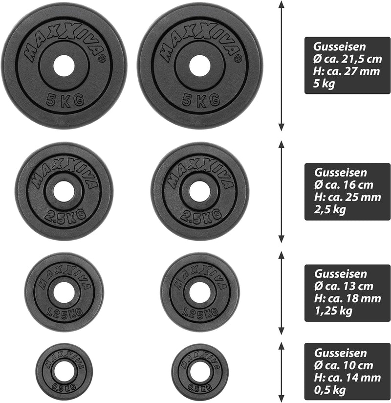 MAXXIVA Curl-Set 120 cm 26 kg 8 Gewichte Gusseisen Krafttraining Zugstange silber verchromt Workout