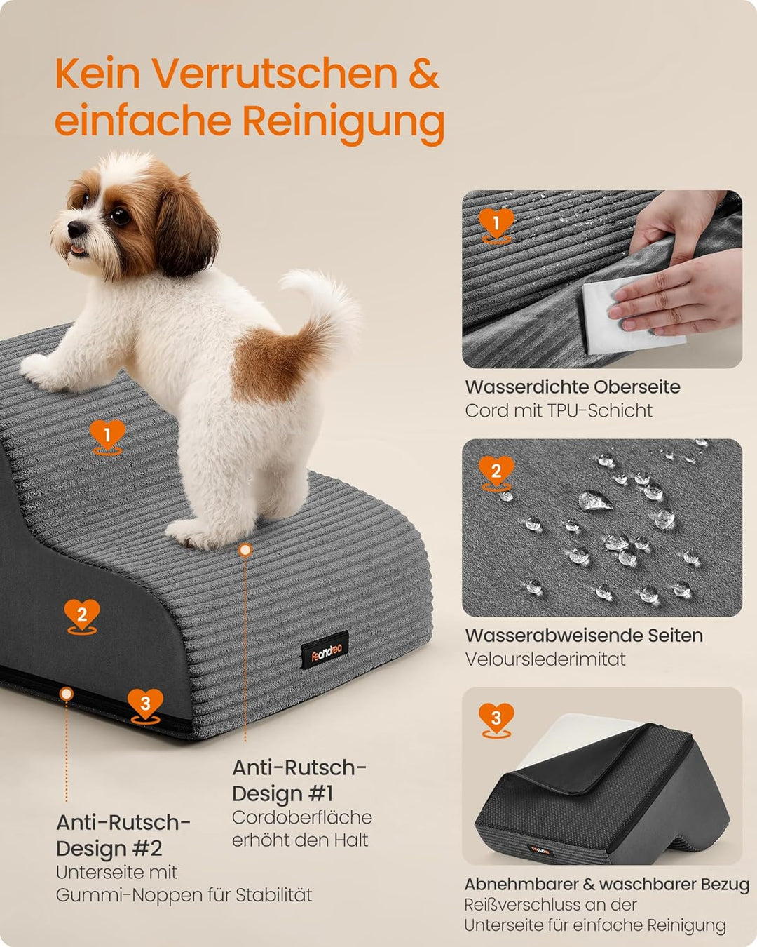 Feandrea Hundetreppe, 2 Stufen, Cord mit Querstreifen, Haustiertreppe, für Bett, Sofa, wasserdicht,