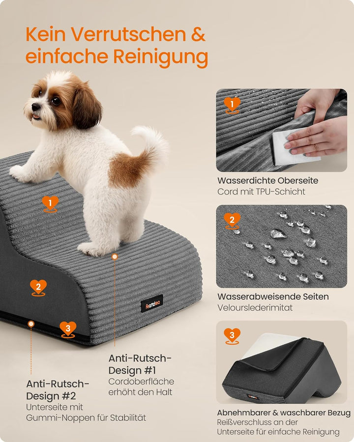 Feandrea Hundetreppe, 2 Stufen, Cord mit Querstreifen, Haustiertreppe, für Bett, Sofa, wasserdicht,