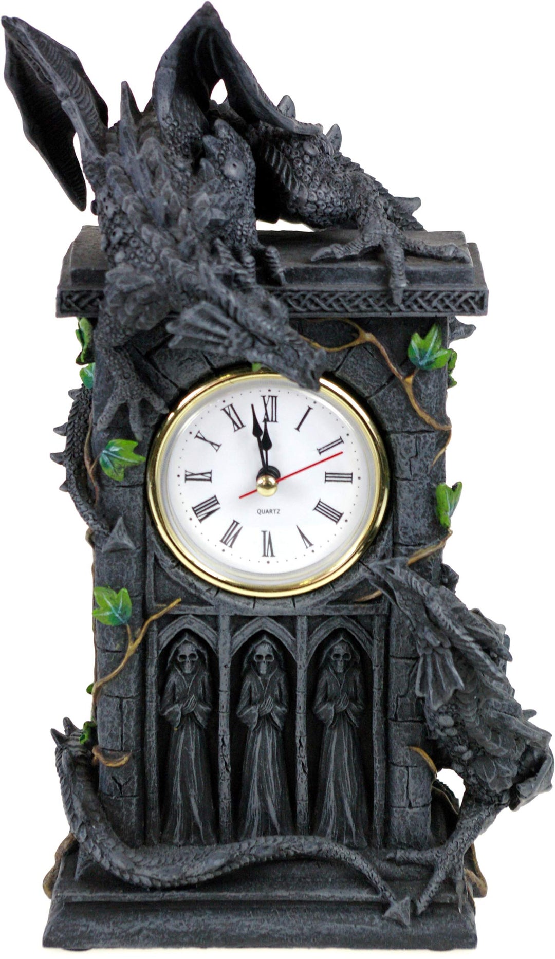 Nemesis Now Duelling-Dragons Uhr, 26 cm, Polyresin, grau