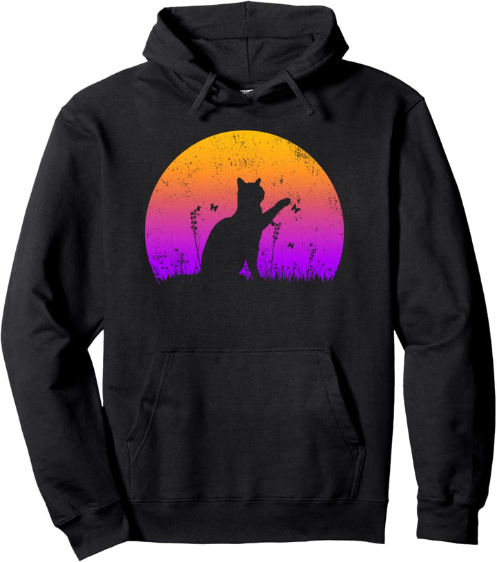 Katze mit Schmetterling, Sonnenuntergang Pullover Hoodie