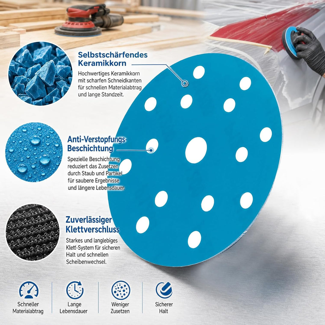 Keramik Schleifscheiben 150mm Klett 15-Loch Nass, 50x Körnung 180 | Perfektes Schleifpapier für den