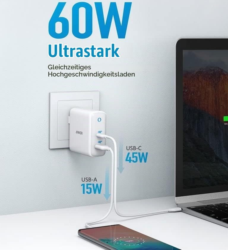 Anker PowerPort+ Atom III Kompaktes 60W PIQ 3.0 &amp; GaN Tech Wandladegerät, Doppel-Port mit PIQ 2.0 US