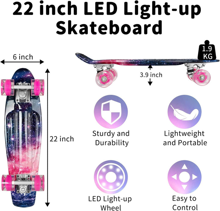 BELEEV Skateboard Komplette 22 Zoll Mini Cruiser Skateboard für Kinder Jugendliche Erwachsene, LED L