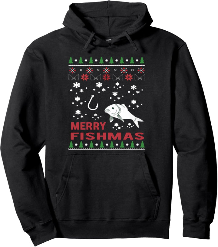 Merry Fishmas Fishing Ugly Christmas Sweater Style Pullover Hoodie