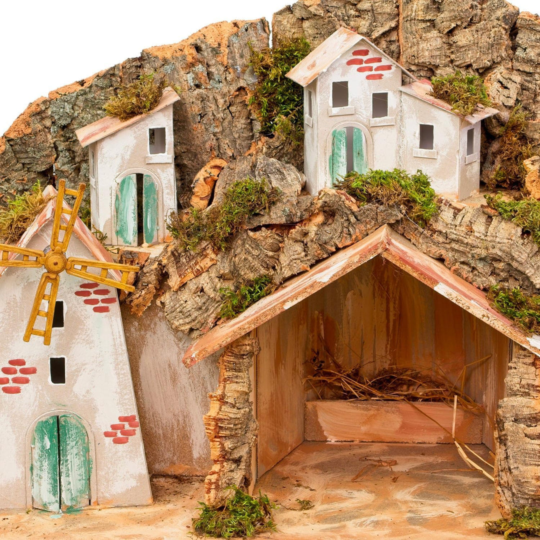 Avilia Neapolitanische Weihnachtskrippe mit Mühle, Brunnen und LED-Lichtern, 42 x 96 x 58 cm, handge