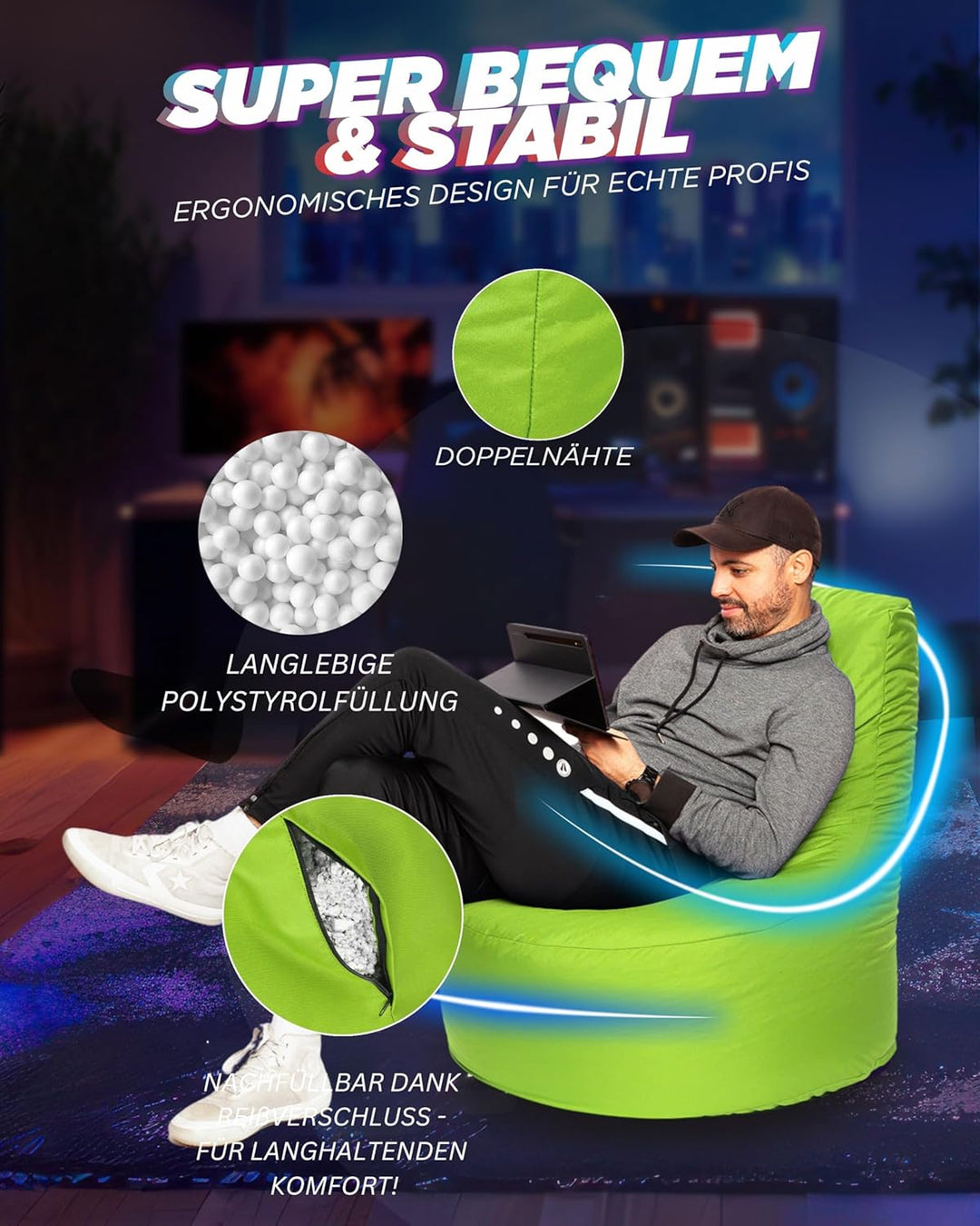 PATCH HOME Gamer Sessel in 2 verschiedenen Grössen und 25 XL - 75cm Durchmesser, 30cm Sitzhöhe, 80cm