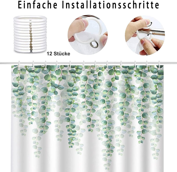 Lieson Duschvorhang Wasserdicht Antischimmel, Polyester Duschvorhang Grüne Blätter Textil Badewannen