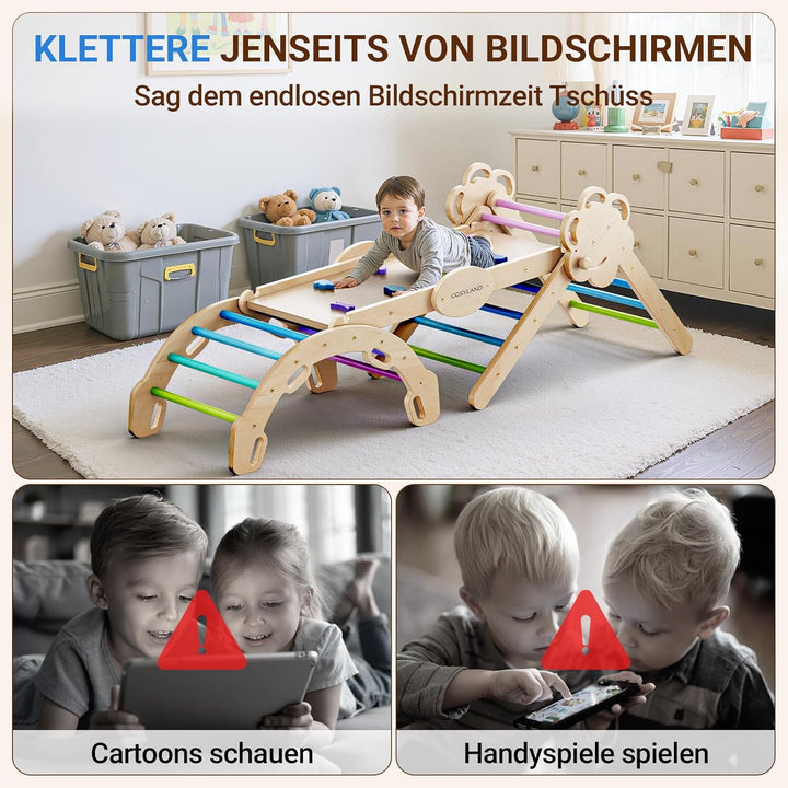 COSYLAND Klettergerüst Indoor L – Grosses Kletterdreieck Set mit Kletterbogen & Rutsche – 8-in-1 Mas