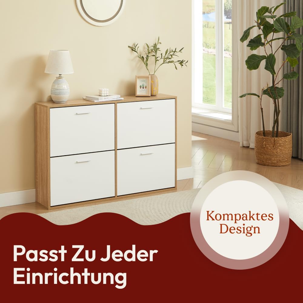 CASABEL Schuhschrank mit 4 Klappen, Schuhregal Weiss & Holz, Modernes Design, Grosse Kapazität für 2