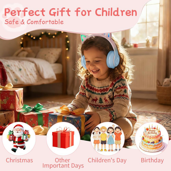 Kinder Bluetooth Kopfhörer, Katzenohr LED Lichter, Bluetooth 5.3 Stereo, Verstellbares Kopfband, 85d
