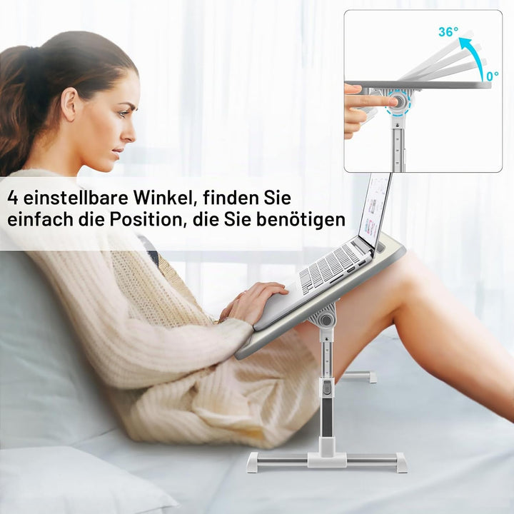 Laptoptisch fürs Bett, Höhenverstellbar, Winkelverstellbar, Betttisch Klappbar mit Schublade, Tablet
