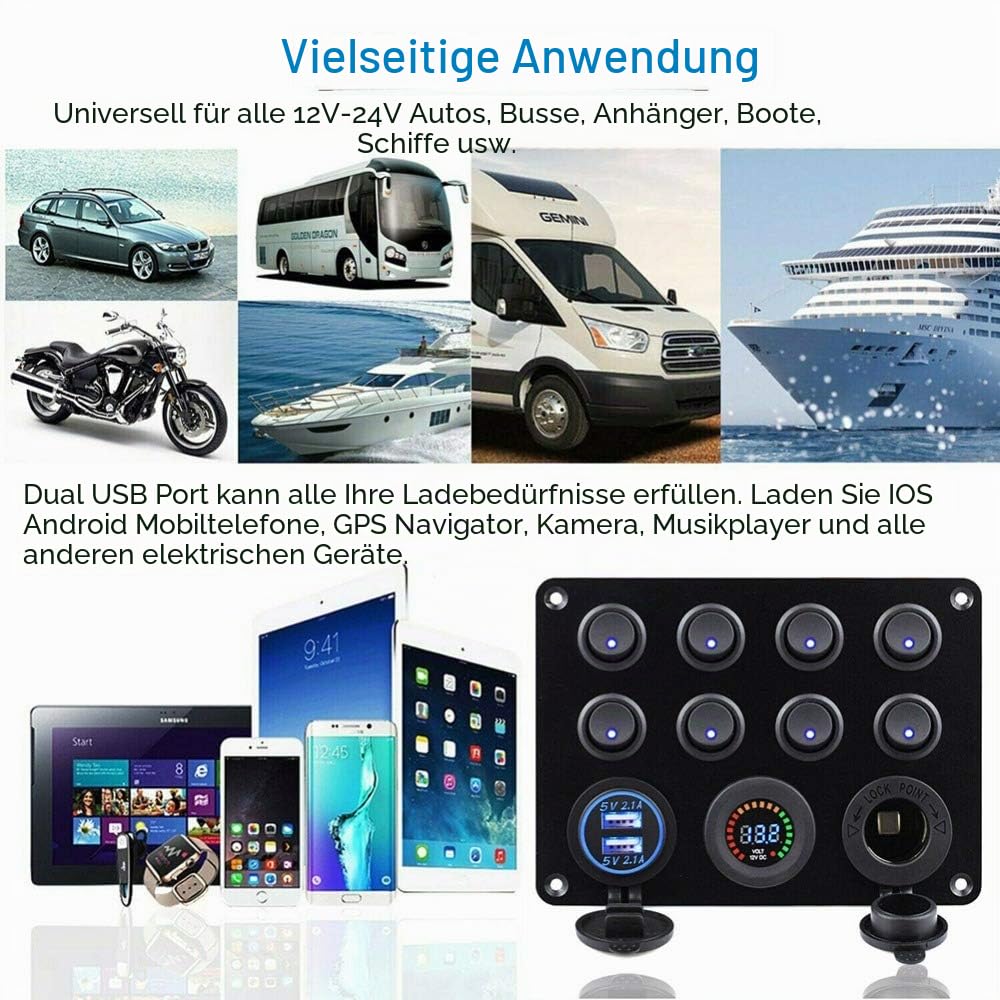 KAOLALI 12V/24V Schalter Panel, Dual-USB-Ladegerät LED Voltmeter Zigarettenanzünder 8 Kippschalter E