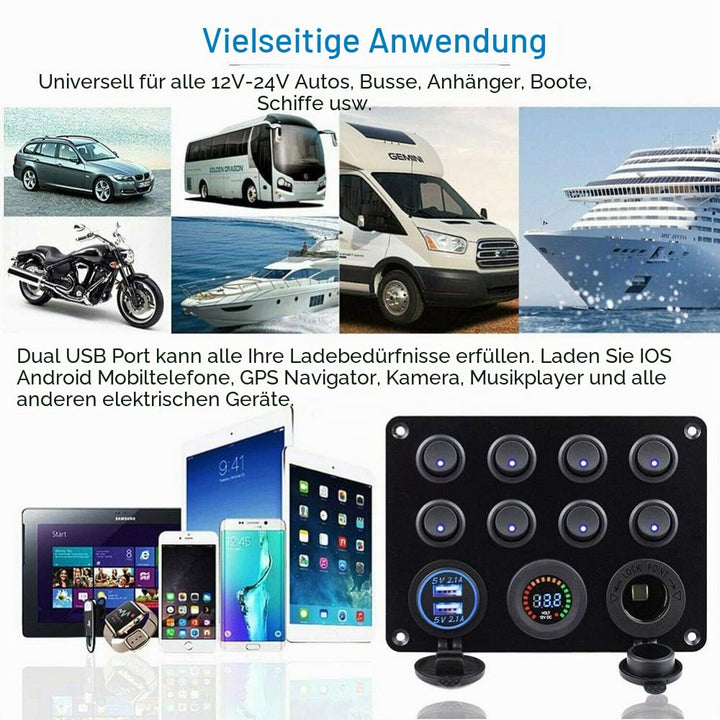 KAOLALI 12V/24V Schalter Panel, Dual-USB-Ladegerät LED Voltmeter Zigarettenanzünder 8 Kippschalter E