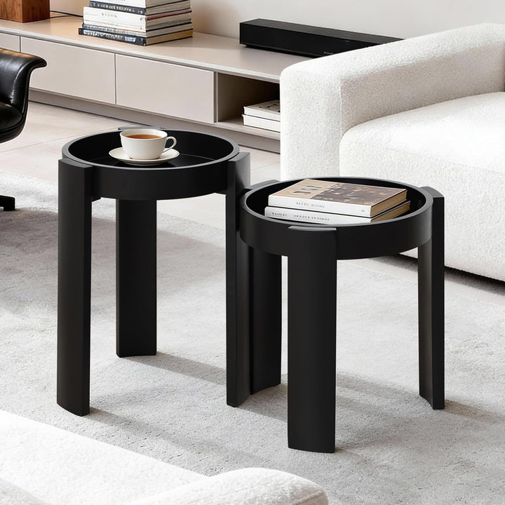 Hometopia 2er Holz Beistelltisch Schwarz mit Tablett, Couchtisch Rund | Runde Satztische aus MDF,Nes