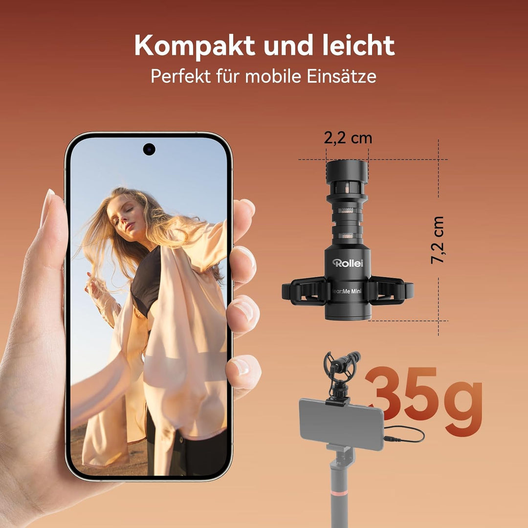 Rollei Hear:Me Mini 2 Richtmikrofon für Kamera und Handy Professionelle, Video Shotgun Externe Mic C
