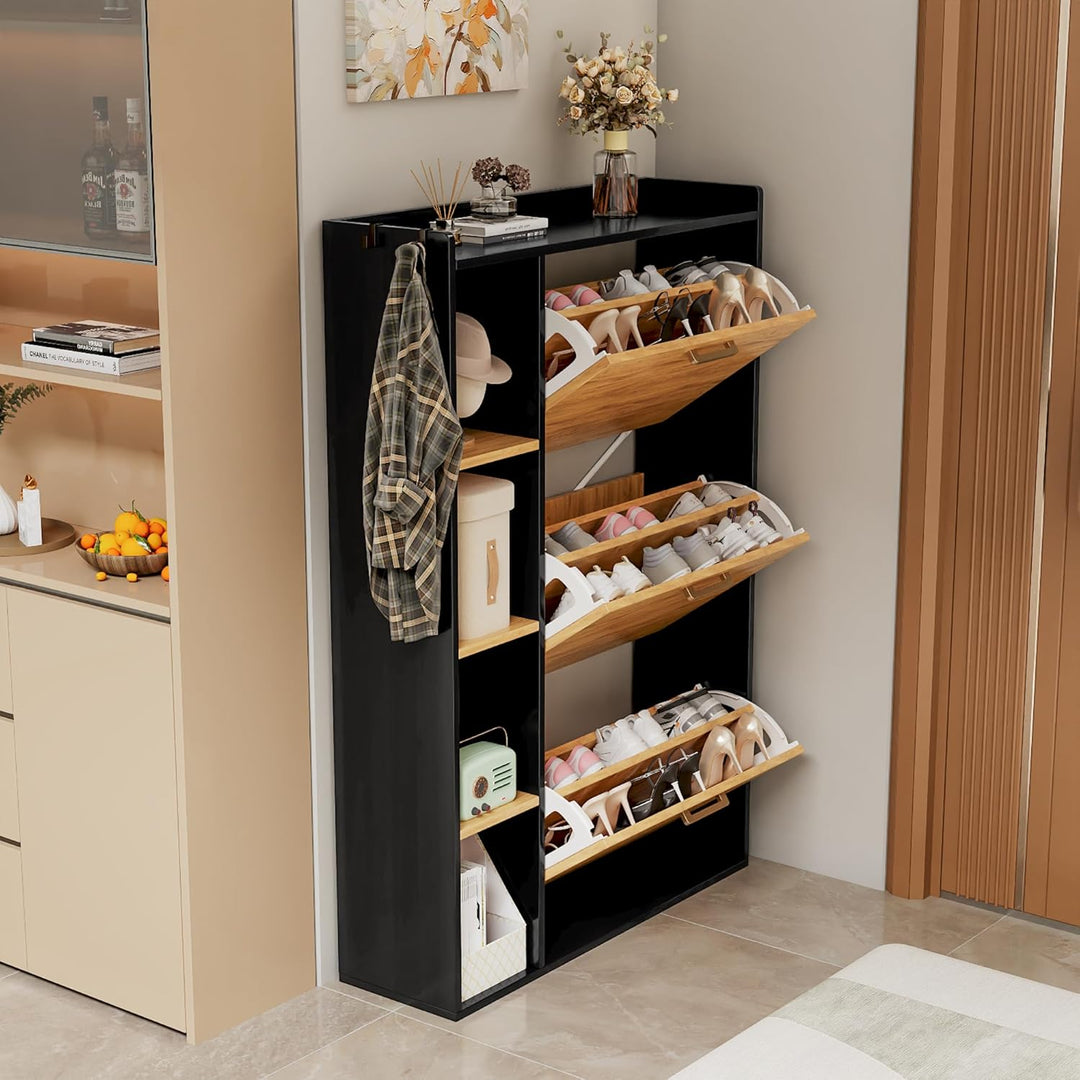 Schuhschrank mit 3 Klappen Schuhkipper Schmal Schuhschrank mit 3 Flip-Schuhregal und 4 Ablagefächer