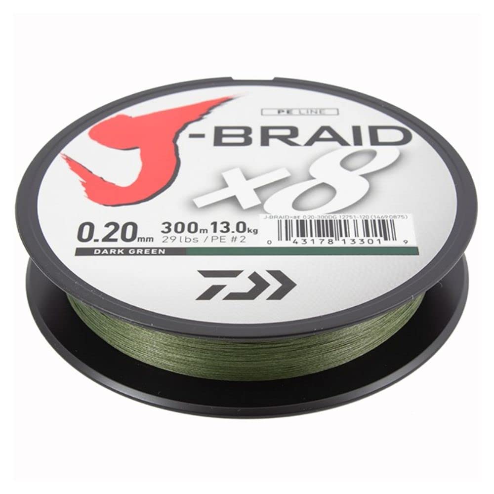 Daiwa 2 STK J-Braid 8 Braid 0.13mm, 8,0kg/18lbs, 300m dunkelgrün (Doppelpack)