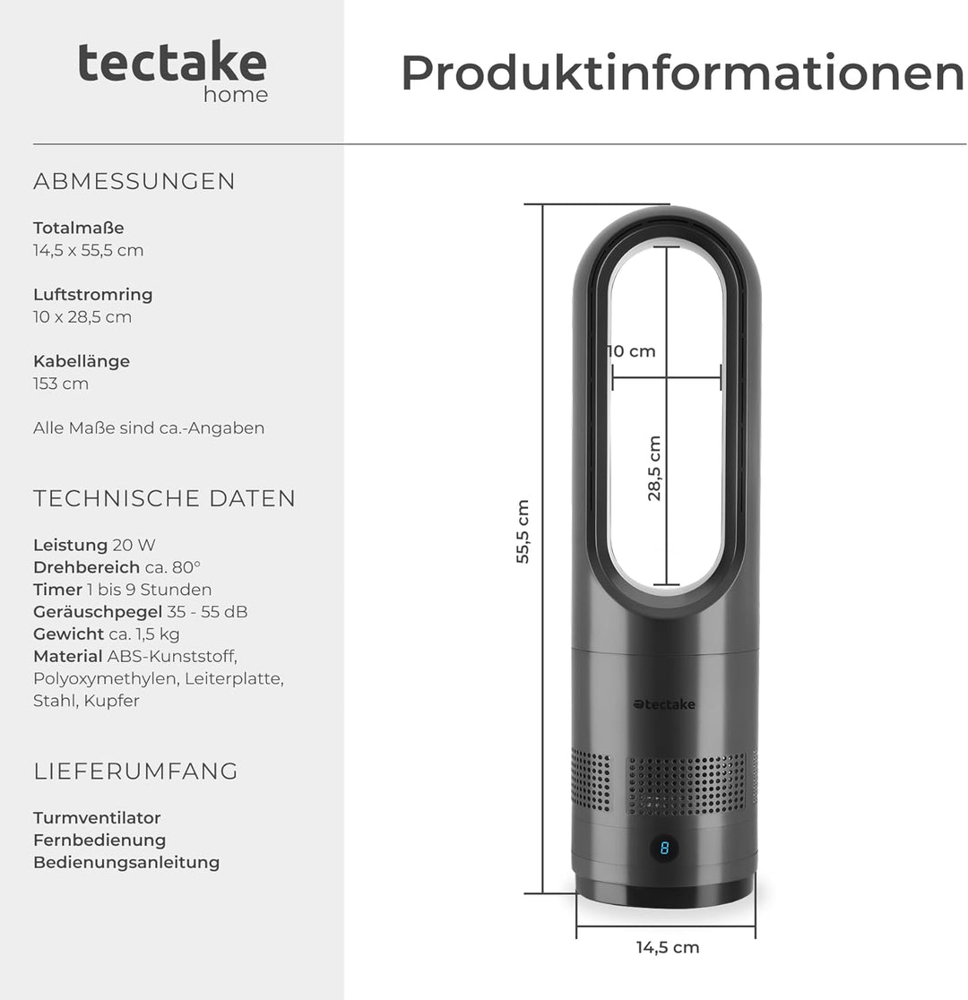 tectake® rotorloser Ventilator mit Fernbedienung, Turmventilator, cooling ace Lüfter, Luftkühler, mo