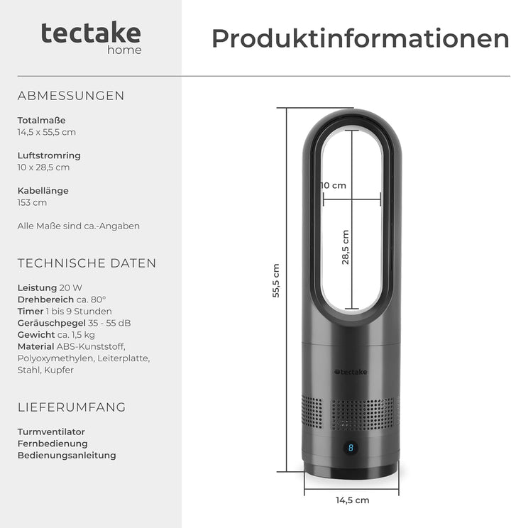 tectake® rotorloser Ventilator mit Fernbedienung, Turmventilator, cooling ace Lüfter, Luftkühler, mo