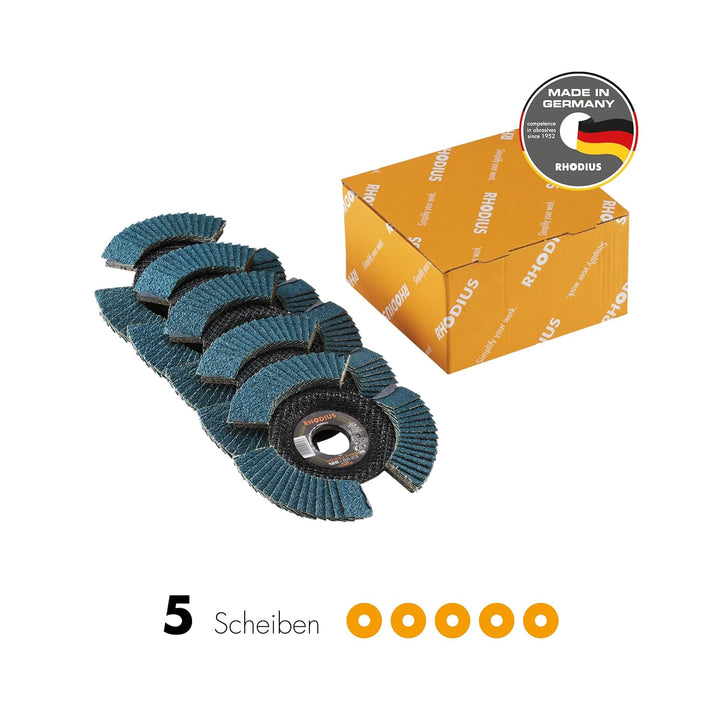 RHODIUS VISION PRO, 5 Stück Ø 125 mm K40 Fächerscheiben durchsichtig, Metall Edelstahl Stahl INOX, f