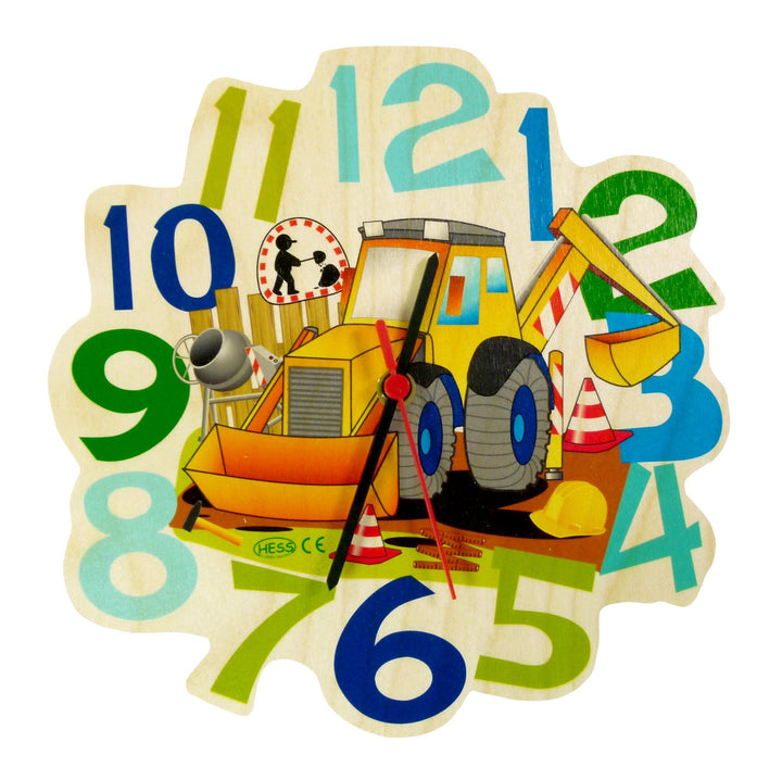 Hess Holzspielzeug 30008 - Wanduhr aus Holz für Kinder, Serie Baustelle, mit Quarzuhrwerk, handgefer