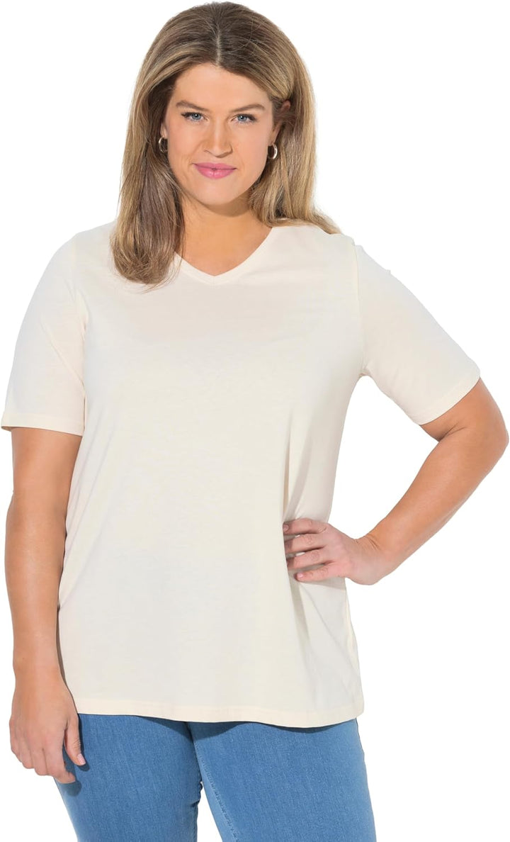 Ulla Popken Damen grosse Grössen Übergrössen Plus Size T-Shirts, 2er-Pack, V-Ausschnitt, Halbarm, Bi