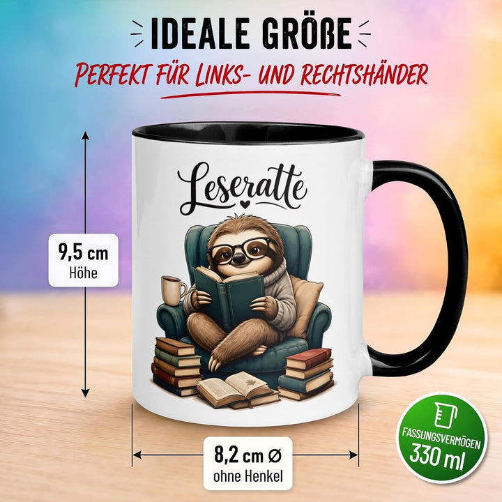Faultier Tasse | Faultier mit Buch im Sessel | Lustiger Geschenk Becher für Leseratten und Bücherwur