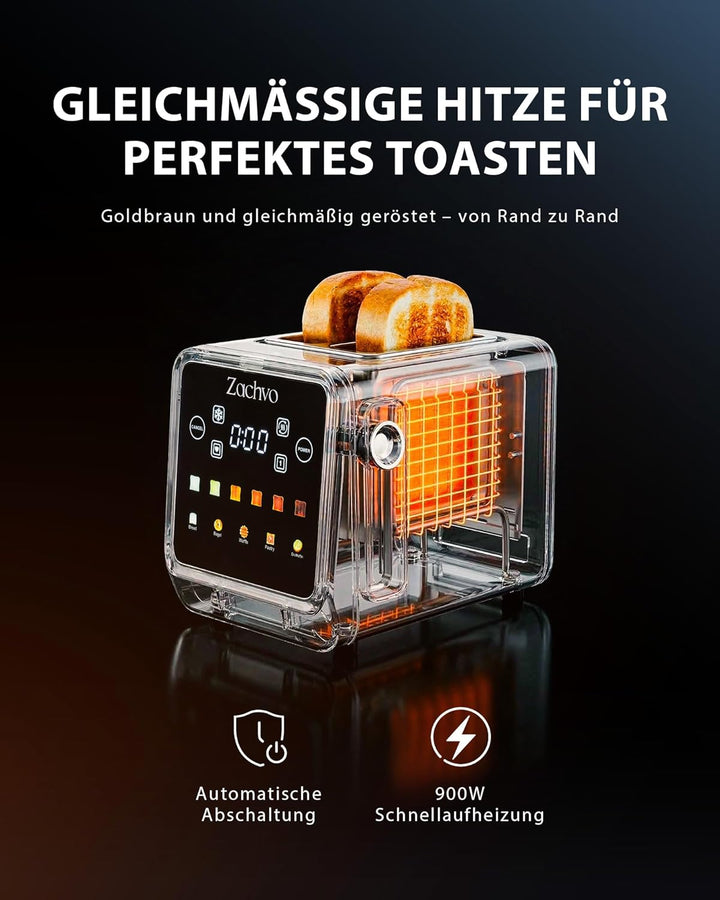 Edelstahl Toaster 2 Scheiben, Digitaler Touch Toaster mit Sandwich-Zange & abnehmbarem Brötchenaufsa