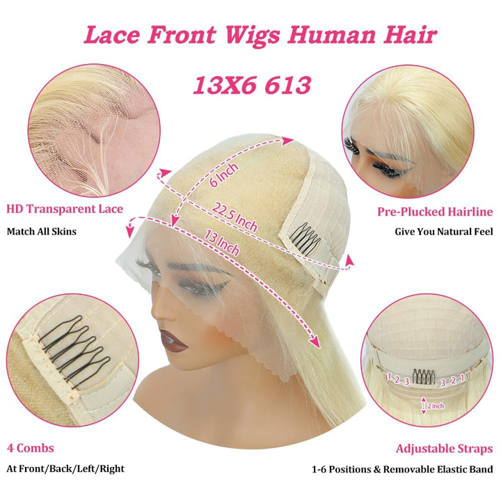 Echthaar Perücke Blonde 180% Density Schwarz Frauen 13x6 HD Straight Lace Front Wig 613 Farbe Transp
