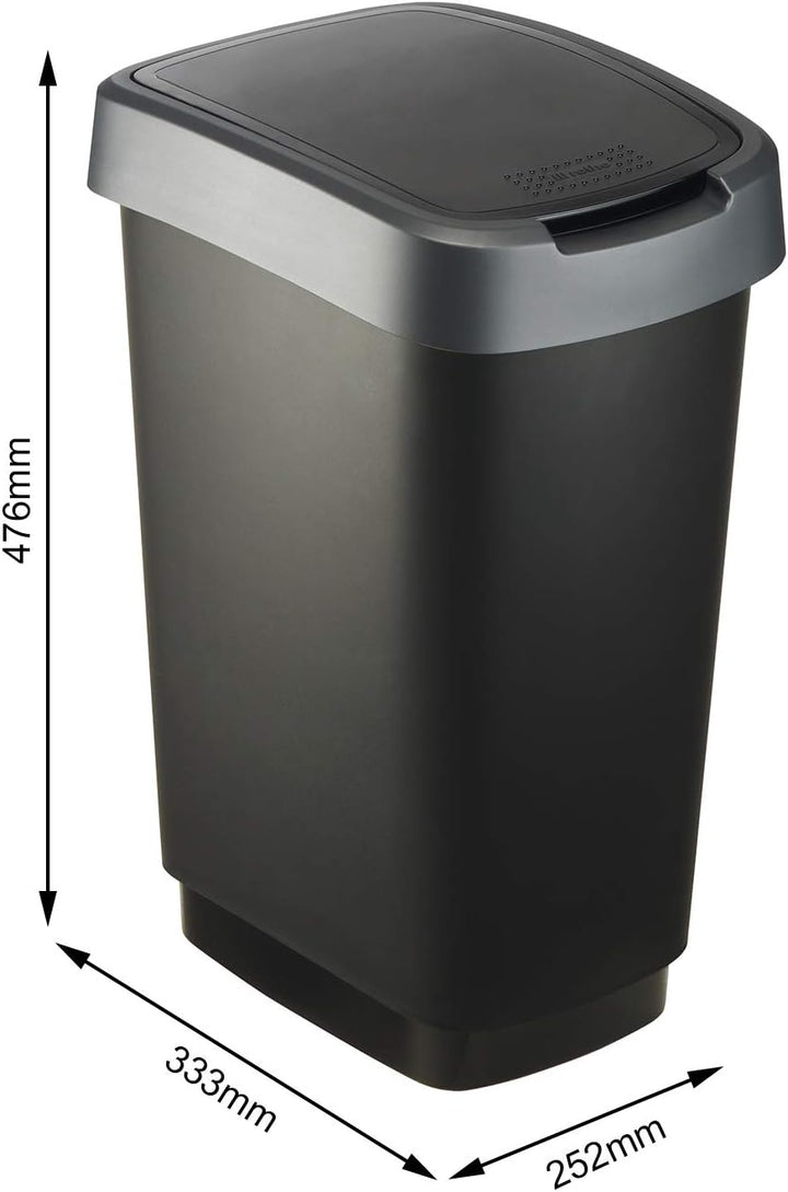 Rotho Twist Mülleimer 25l mit Deckel, Kunststoff (PP) BPA-frei, schwarz/silber, 25l (33.3 x 25.2 x 4
