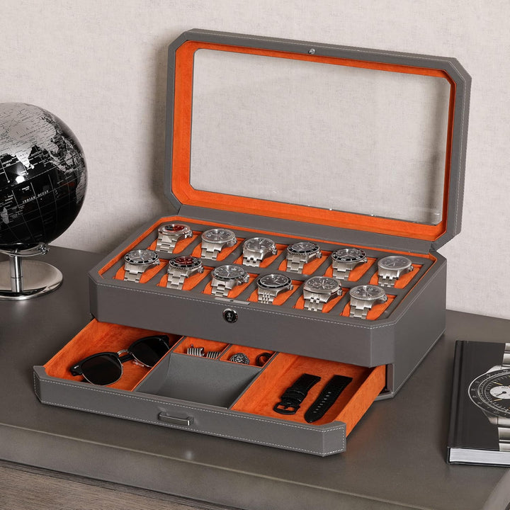 ROTHWELL 12 Slot Leather Watch Box with Valet Drawer - 12 Slot Luxury Watch Case Display Organizer,