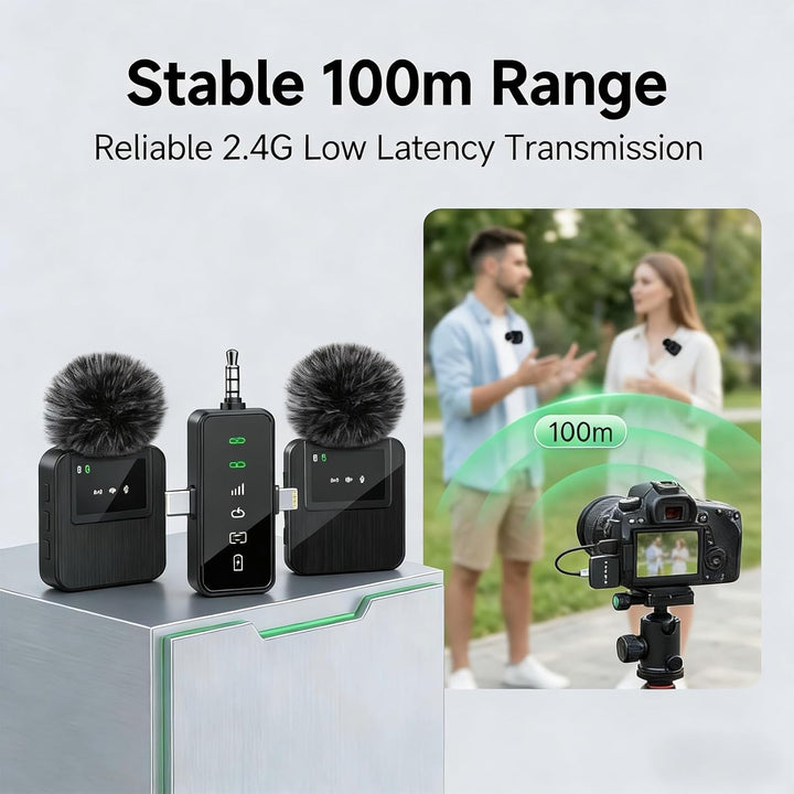 2.4G Kabelloses Lavalier Mikrofon (2TX-1RX) – 18H Akkulaufzeit, 100m Reichweite, DSP-Rauschunterdrüc
