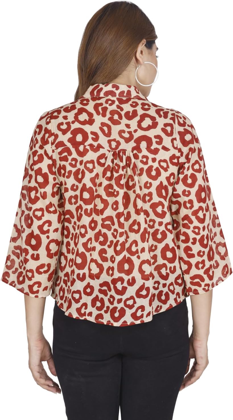 GURU SHOP Handbedruckte Bluse, Luftige Baumwollbluse, Damen, Baumwolle 36 Beige/ Rot, 36 Beige/ Rot