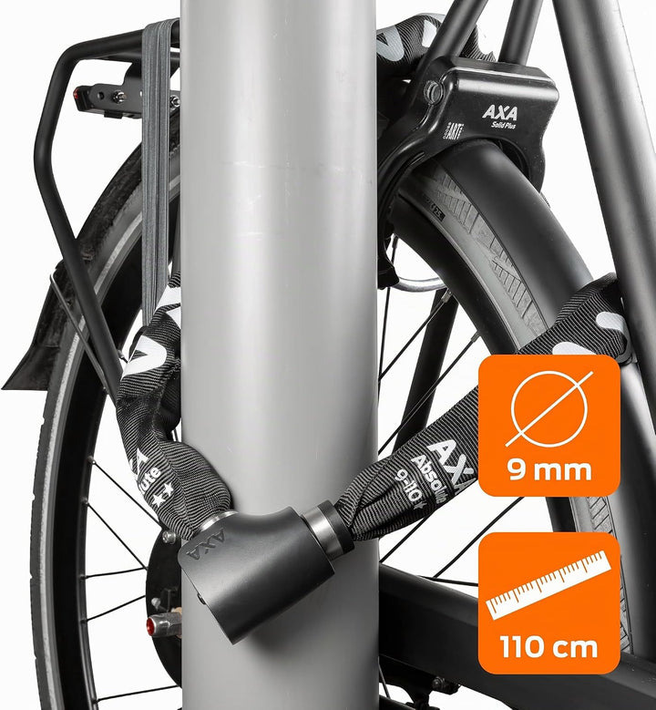 AXA Absolute 9-110 Kettenschloss, Länge 110 cm, Sicherheitsstufe 14, Stahlglieder 9 mm, Schwarze Sch