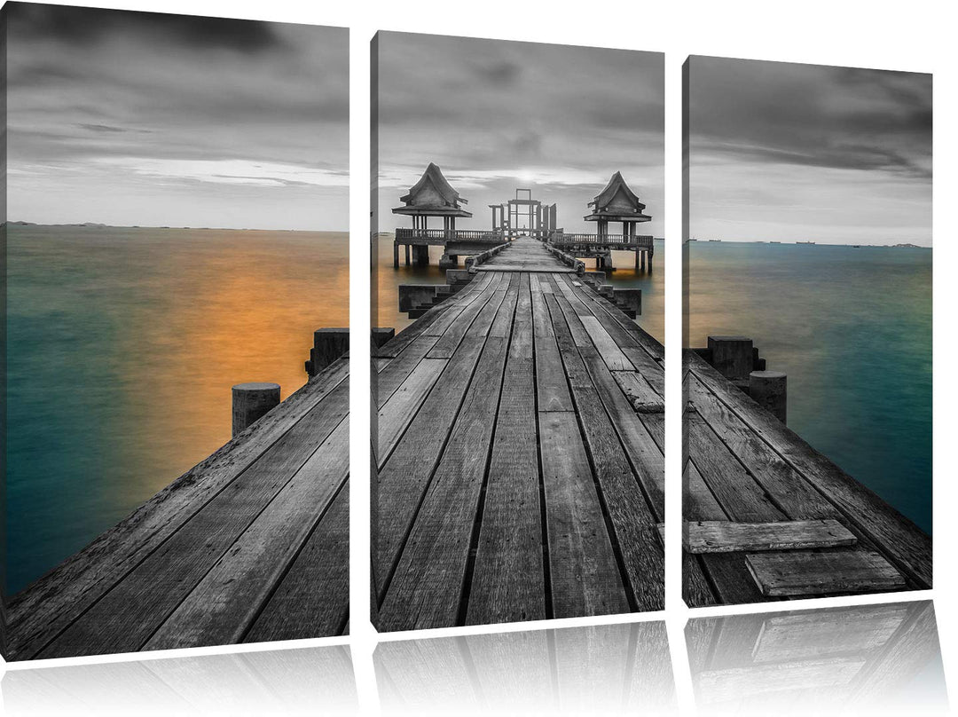 Pixxprint Bootssteg beim Sonnenuntergang als Leinwandbild | Grösse: 3 Teilig (120x80) | Wandbild| Ku