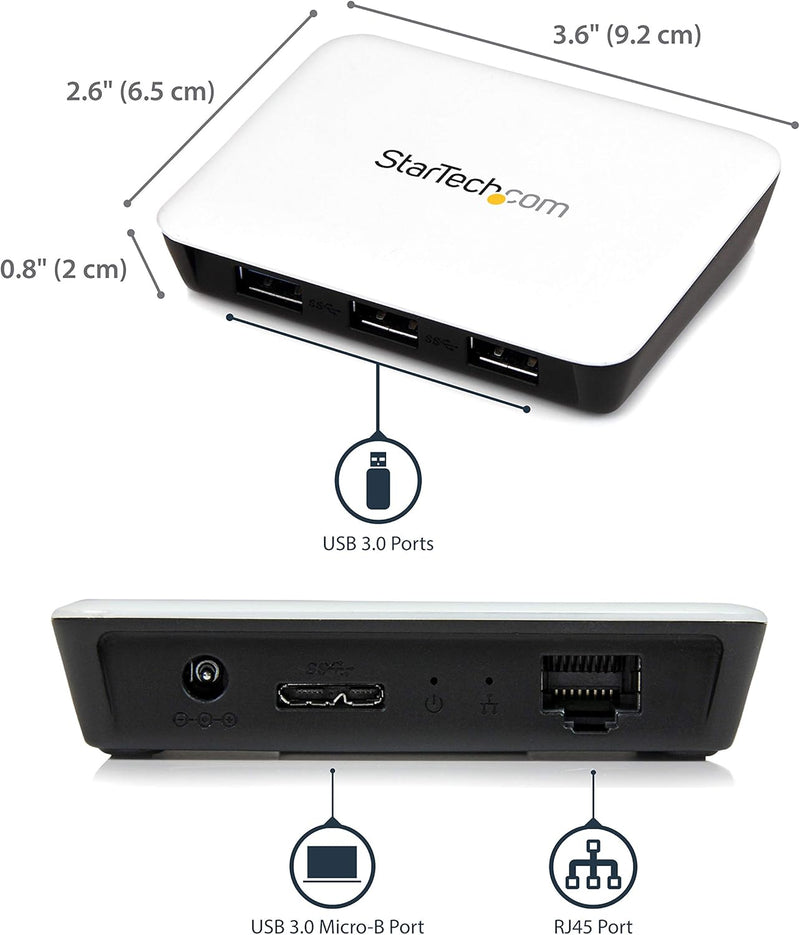 StarTech.com 3 Port USB 3.0 Hub mit Gigabit Ethernet - Powered USB3 mit Ethernet